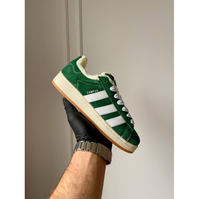 Жіночі зимові кросівки Adidas Campus Black ‘Green’ 00s з хутром