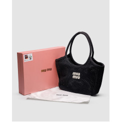Жіноча сумка Miu Miu Raffia And Linen Tote Bag Black Premium