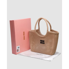 Жіноча сумка Miu Miu Raffia And Linen Tote Bag Beige Premium