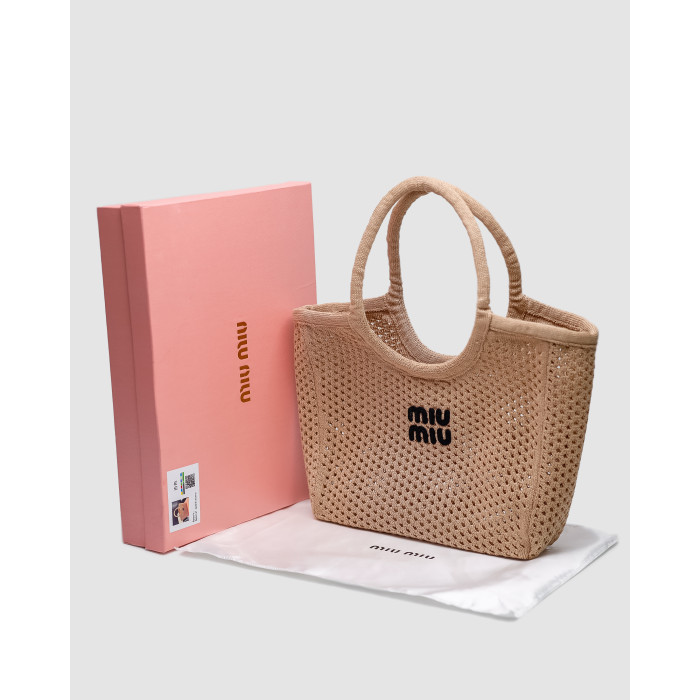 Жіноча сумка Miu Miu Raffia And Linen Tote Bag Beige Premium