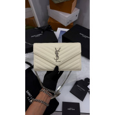 Жіноча сумка Saint Laurent Cassandre Matelasse Chain Wallet In Grain De Poudre Embossed Leather Milk Silver Premium