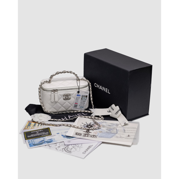 Жіноча сумка Chanel Classic White Lambskin Pearl Crush Vanity Bag Silver Premium