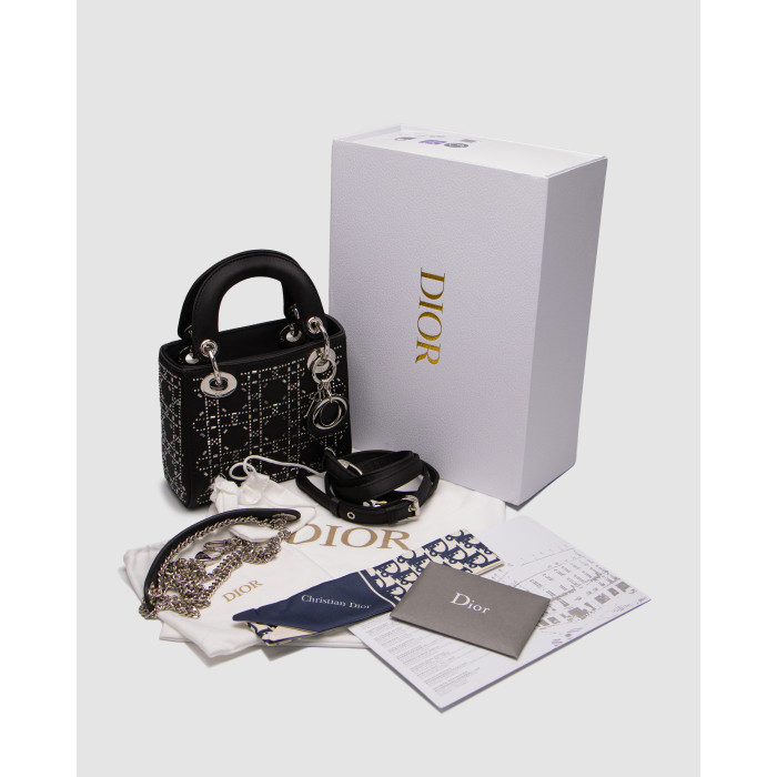 Жіноча сумка Christian Dior Mini Lady Dior Bag Black Strass Cannage Satin Premium